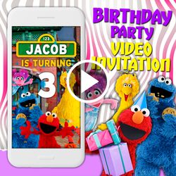 Sesame street video invitation, 1th birthday party animated invite, mobile digital video, e invitation