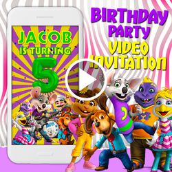 Chuck E. Cheese video invitation, arcade games birthday party animated invite, mobile digital custom video e invite