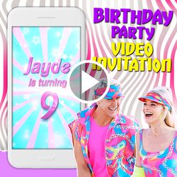 Barbie movie video invitation, girly birthday party animated invite, dolls mobile digital custom video evite, e invite