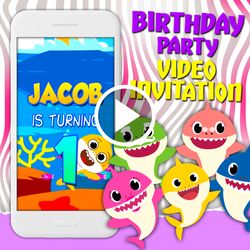 Baby shark video invitation, 1th birthday party animated invite, kids mobile digital video, baby e invitation