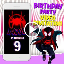Spider man video invitation, Miles Morales birthday party animated invite, Marvel superheroes mobile digital video