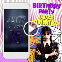 Wednesday video invitation, Wednesday birthday party animated invite, Wednesday Addams mobile digital custom video evite