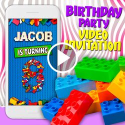 Lego video Invitation, bricks building blocks birthday party animated invite, mobile digital video invitation, e invite