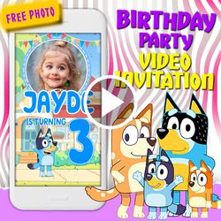 Bluey video invitation, Bluey birthday party animated invite, Bluey mobile digital custom video evite, e invitation