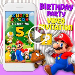 Super Mario video invitation, Mario birthday party animated invite, Mario bros mobile digital custom video evite