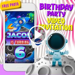 Astronaut video invitation, cosmos birthday party animated invite, space mobile digital custom video evite, galaxy video