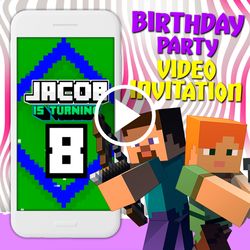 Minecraft game video invitation, mine gaming birthday party animated invite, Creeper mobile digital custom video evite