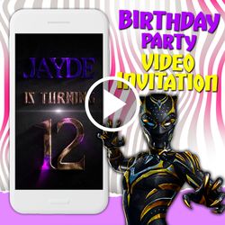 Black panther 2 Wakanda forever video invitation, Shuri birthday party animated invite, Marvel superheroes mobile invite