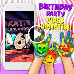 Paint art video invitation, painting birthday party animated invite, colorful mobile digital custom video evite