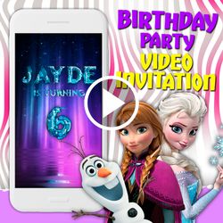 Frozen video invitation, frozen birthday party animated invite, Elsa and Anna mobile digital custom video evite