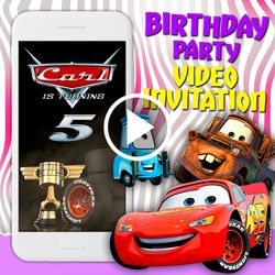 Cars video invitation, cars movie birthday party animated invite, Montgomery Lightning McQueen mobile digital video