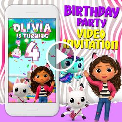Gabbys dollhouse video invitation, Gabby dollhouse birthday party animated invite, Gabby mobile digital custom video