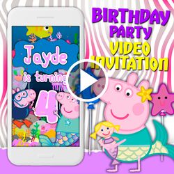 Peppa pig mermaid video invitation, 1th birthday party animated invite, kids mobile digital video, e invitation