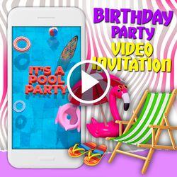 Pool party video invitation, swimming birthday party animated invite, mobile digital custom video evite, e invitation