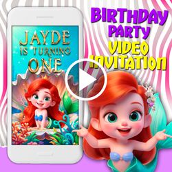 Baby little mermaid video invitation, Ariel birthday party animated invite, mobile digital custom video evite, e invite