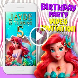 Little mermaid video invitation, Ariel birthday party animated invite, mobile digital custom video evite, e invitation