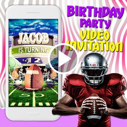 American football video invitation, NFL sport birthday party animated invite, mobile digital custom evite, e invitation