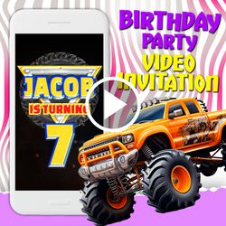 Monster jam truck video invitation, cars racing birthday party animated invite, mobile digital custom evite, e invite