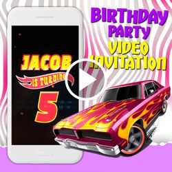 Hot Wheels video invitation, cars racing birthday party animated invite, mobile digital custom video evite, e invitation