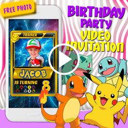 Pokemon cards video invitation, Pikachu birthday party animated invite, mobile digital custom video evite, e invitation