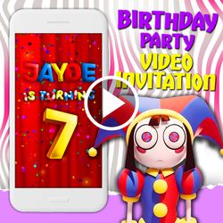 The amazing digital circus video invitation, Pomni birthday party animated invite, mobile digital video evite, e invite