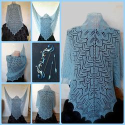 Wool triangular blue Shawl, lace shawl, shawl, soft shawl, shawl