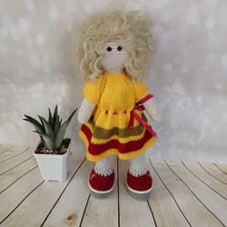 Doll in clothes, An elegant doll, doll in a yellow dress, doll, knitted doll, interior doll, game doll, doll in clothes