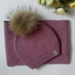 Woolen hat and snood, hat and snood, hat with a pompom