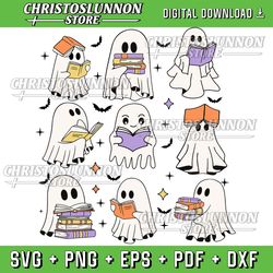cute ghost book svg, ghost reading books svg,book lover, teacher svg, cute ghost halloween svg, bookworm book