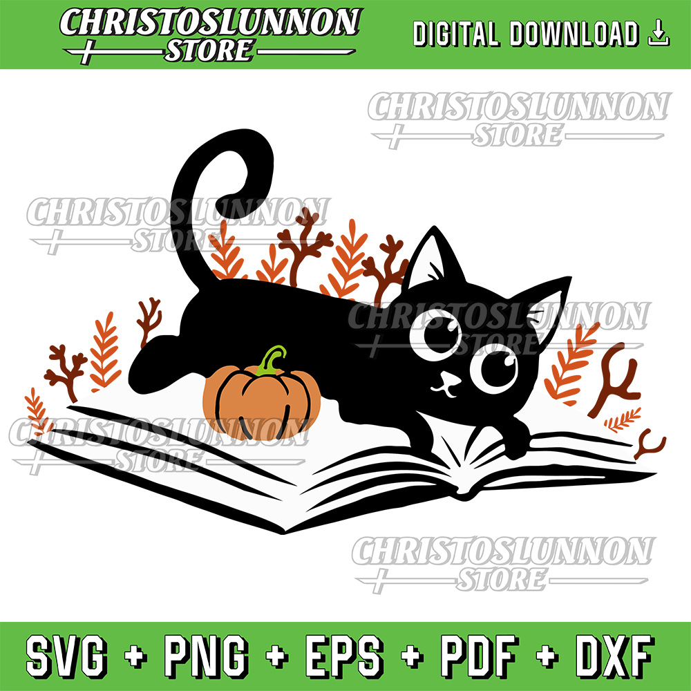 Halloween Svg Fall Svg EmbroideredHalloween Cat Svg Cat Sweater Black Cat Svg Book Crewneck Svg Fall Svg 0