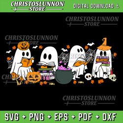 cute ghost drinking coffee halloween fall ghost book reading svg, cute ghost book nerd, ghost halloween svg