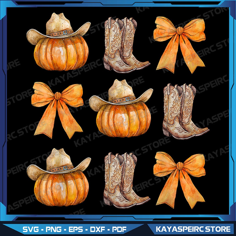 Coquette Bow Western Boots Pumpkin Cowboy Cowgirl Halloween Png, Cowboy Boots Png, Howdy Pumpkin Cowgirl Png, Fall Weste