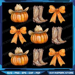 coquette bow western boots pumpkin cowboy cowgirl halloween png, cowboy boots png, howdy pumpkin cowgirl png, fall weste