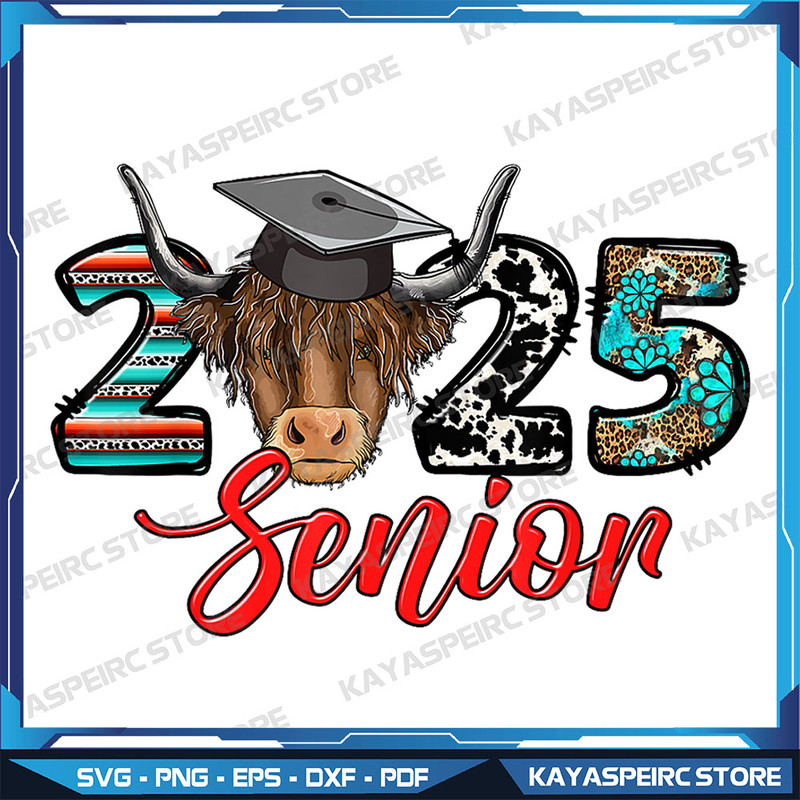Western Highland Cow Senior 2025 Cowhide Graduation Class Png Senior 2023 Cow Png Graduation 2023 Png Western Cow Png 0