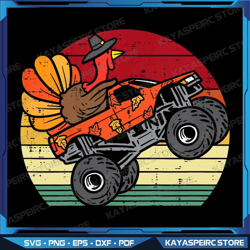 Kids Monster Truck Turkey Sunset Retro Thanksgiving Png Monster Truck Thanksgiving Png Turkey Png F 0