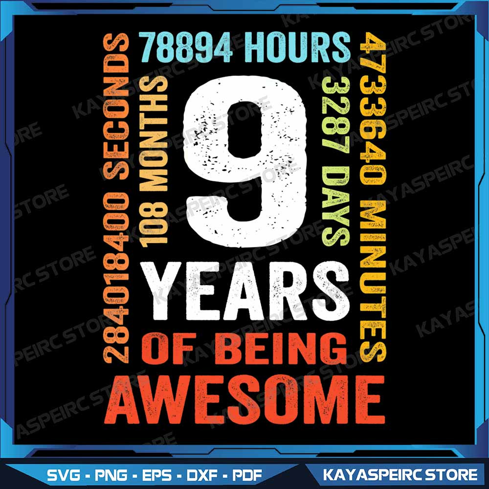 Kids 9th Birthday 9 Years Old Vintage Retro 108 Months Png Nine Years Old Birthday Girl Png My 9 Bi 0