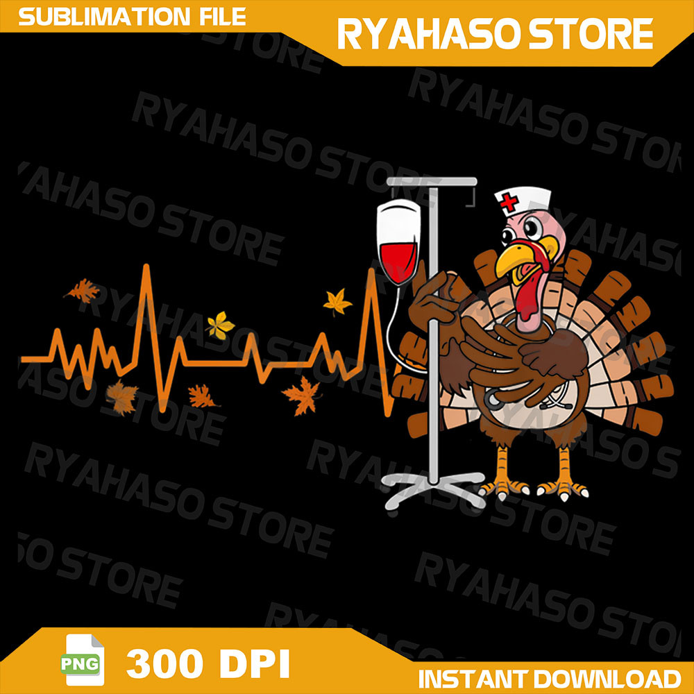 Heartbeat Turkey Nurse Thanksgiving Scrub Top Fall RN ICU ER Png Fall Png Fall Nurse Sublimation Design 0