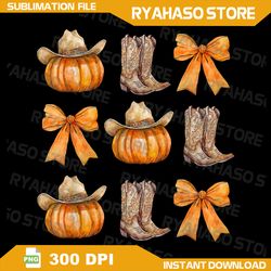 coquette bow western boots pumpkin cowboy cowgirl halloween png, cowboy boots png, howdy pumpkin cowgirl png, fall png