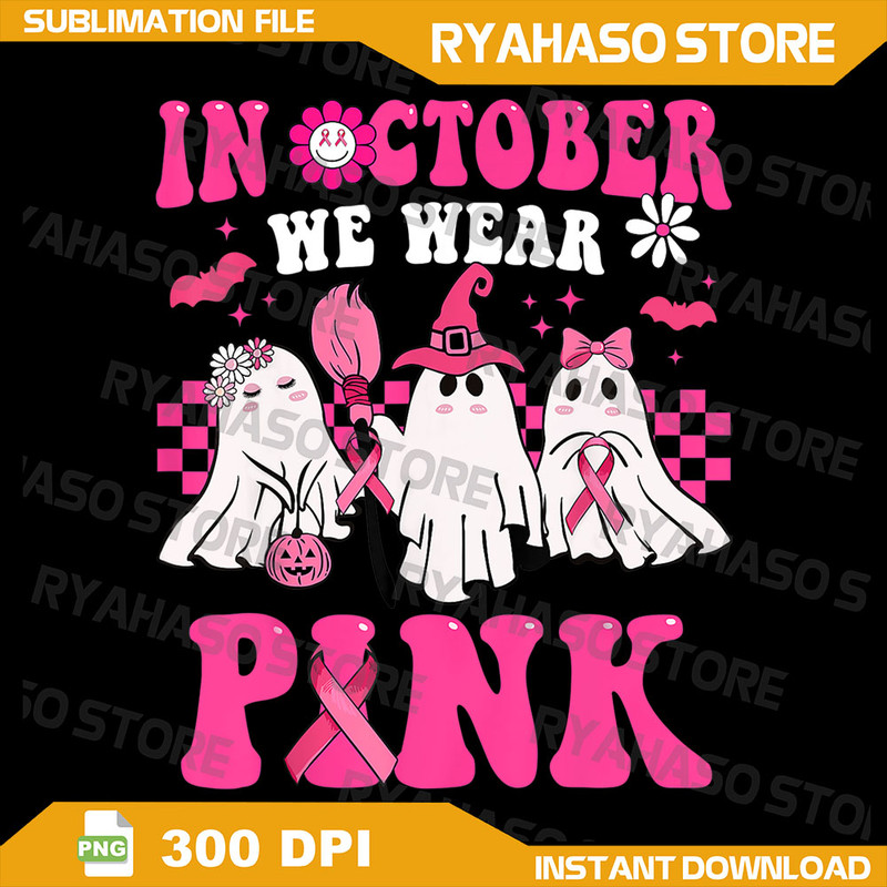 Groovy Wear Pink Breast Cancer Warrior Cute Ghost Halloween Png BreastCancerAwareness Png Retro Breast Cancer Png 0