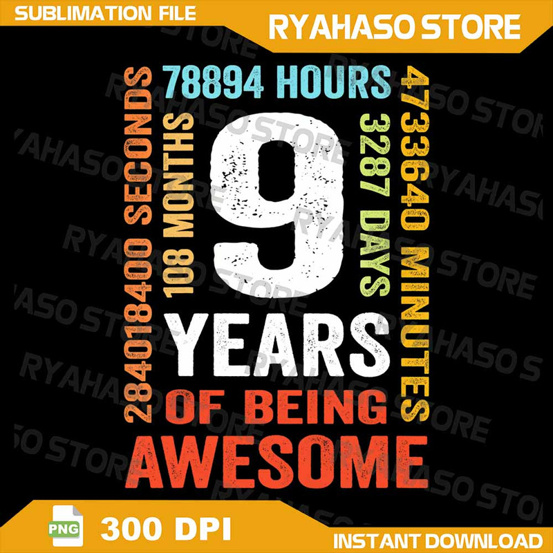 Kids 9th Birthday 9 Years Old Vintage Retro 108 Months Png Nine Years Old Birthday Girl Png My 9 Bi 0