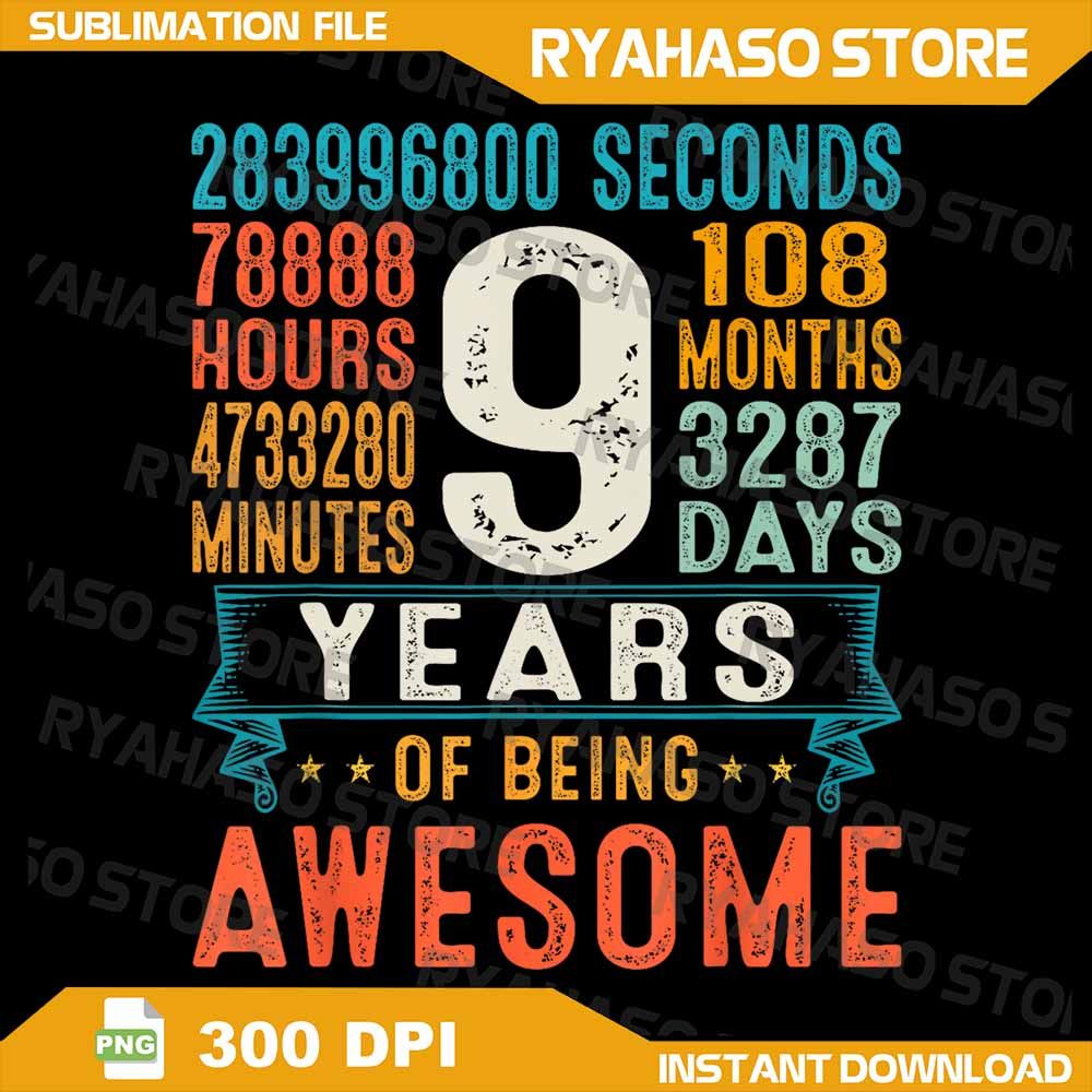 9 Years Old Retro Distressed 9th Birthday Gifts 108 Months Png 9th Birthday Png 9 Years Png 108 Mon 0