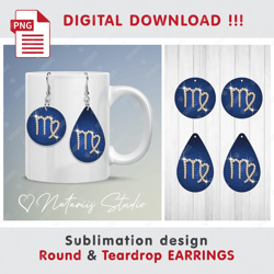 VIRGO Precious Gold and Diamonds ZODIAC Sign - Round & Teardrop EARRINGS - Sublimation Waterslade Pattern - PNG Files