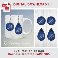 SAGITTARIUS Gold and Diamonds ZODIAC Sign - Round & Teardrop EARRINGS - Sublimation Waterslade Pattern - PNG Files