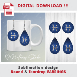 PISCES Precious Gold and Diamonds ZODIAC Sign - Round & Teardrop EARRINGS - Sublimation Waterslade Pattern - PNG Files