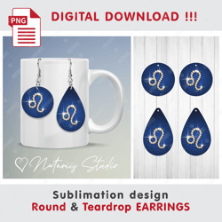 LEO Precious Gold and Diamonds ZODIAC Sign - Round & Teardrop EARRINGS - Sublimation Waterslade Pattern - PNG Files
