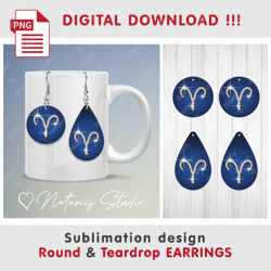 ARIES Precious Gold and Diamonds ZODIAC Sign - Round & Teardrop EARRINGS - Sublimation Waterslade Pattern - PNG Files