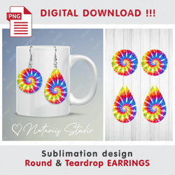 Rainbow TIE DYE Earrings Design - Round & Teardrop EARRINGS - Sublimation Waterslade Pattern - PNG Files