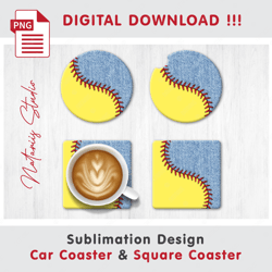 Softball Denim Combo Design - v3 - Car Coaster Template - Sublimation Waterslade Pattern - Digital Download
