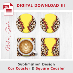 Softball Leopard Combo Design - v2 - Car Coaster Template - Sublimation Waterslade Pattern - Digital Download