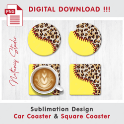 Softball Leopard Combo Design - v3 - Car Coaster Template - Sublimation Waterslade Pattern - Digital Download
